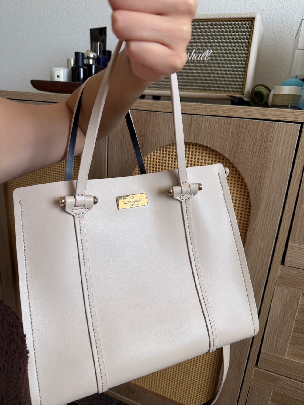kate spade Cream Leather Structured Tote with Gold Logo Plate - Picture 2 of 7